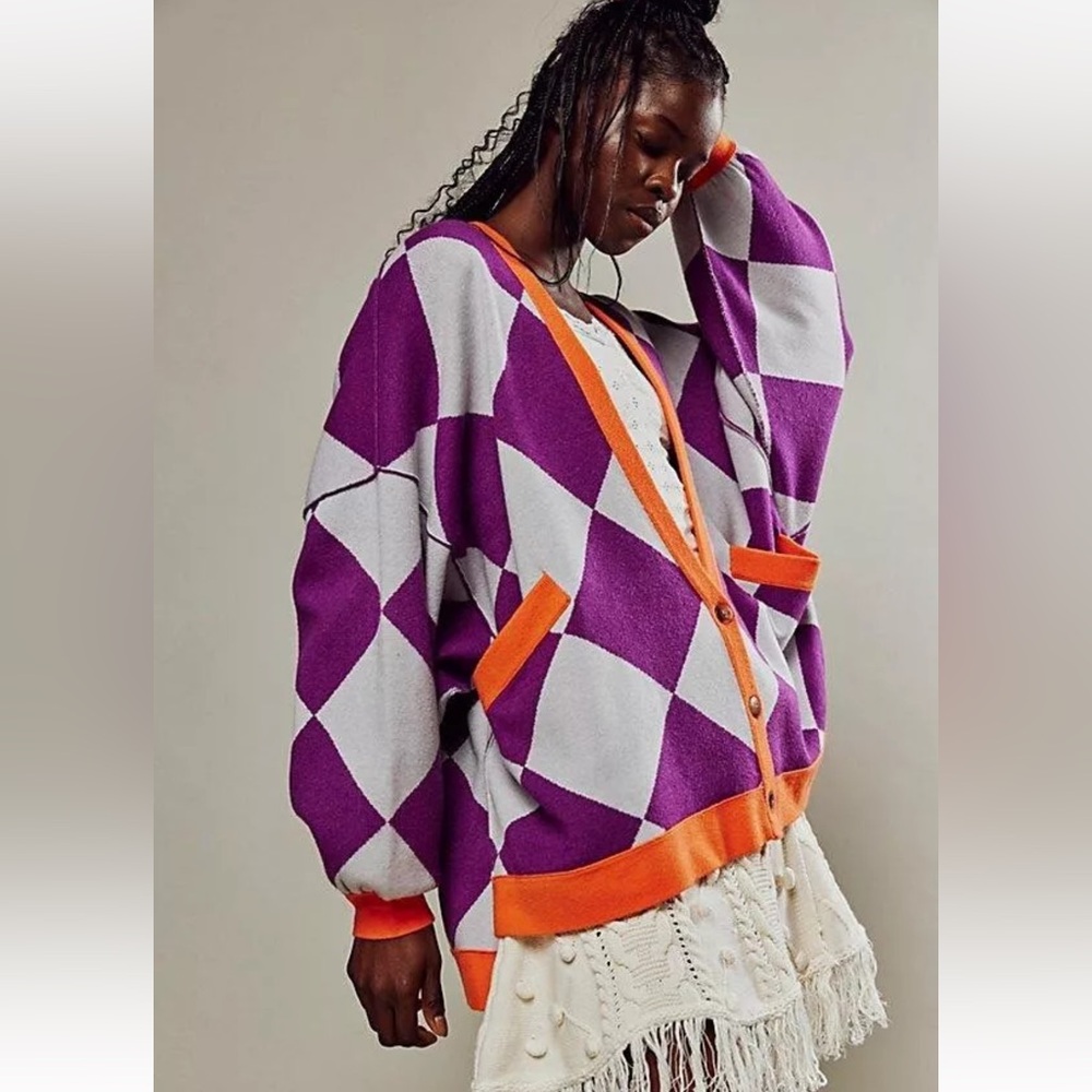 Free people We the Free purple white checker oversized knit cardigan sweater